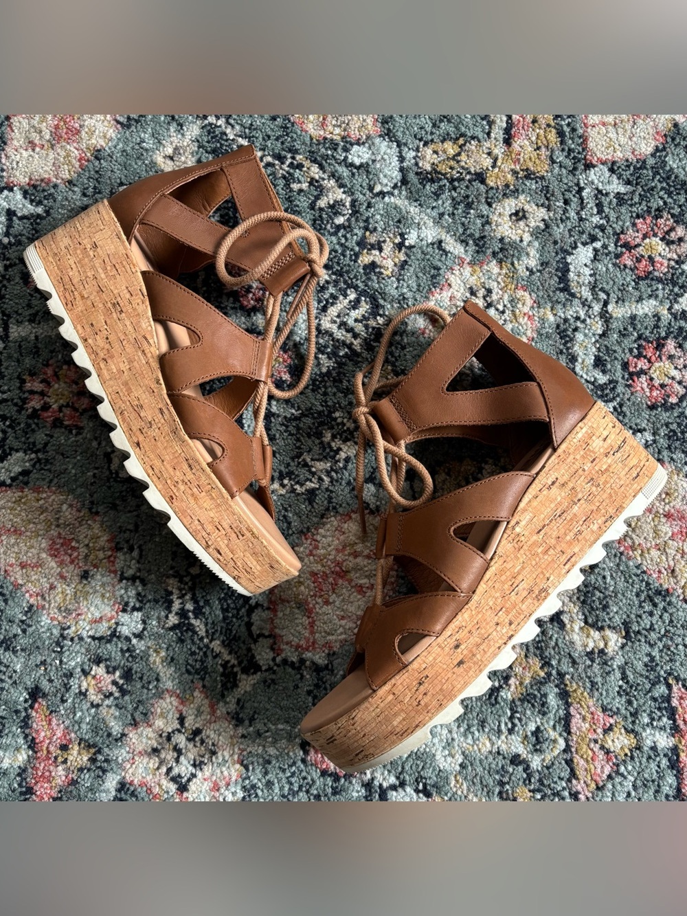 Sorel Cameron Flatform Lace Up Wedge Gladiator Sandals Brown Sz 9
